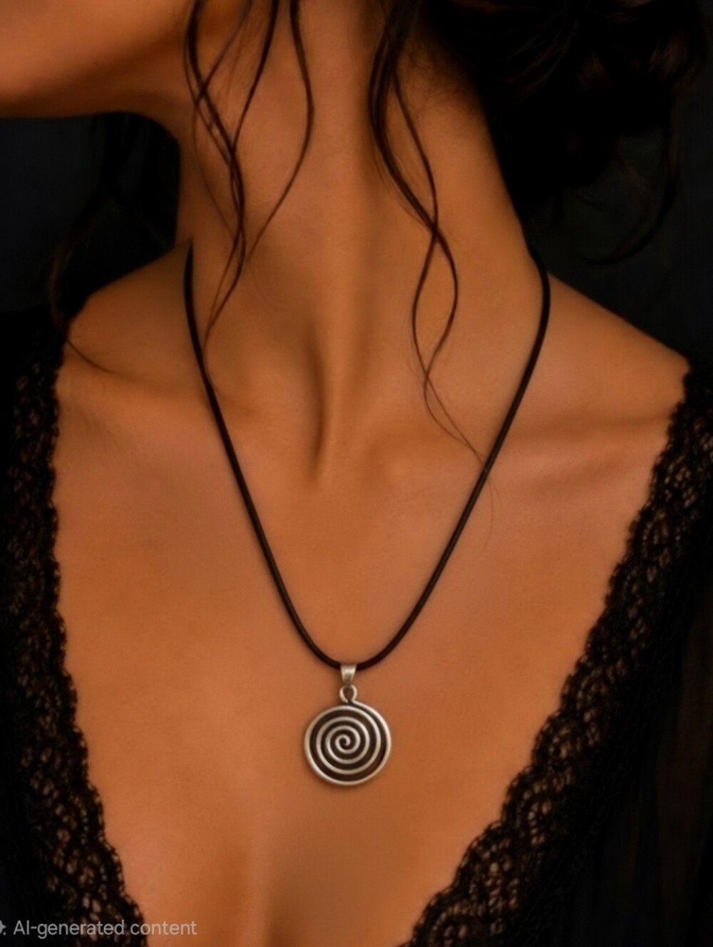 Vintage Mexico 925 Black Spiral Pendant Necklace on Black Cord with Silver Bail